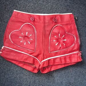 🔥 Kids Vintage Red Leather Shorts – Heart Cutout Detail 🔥